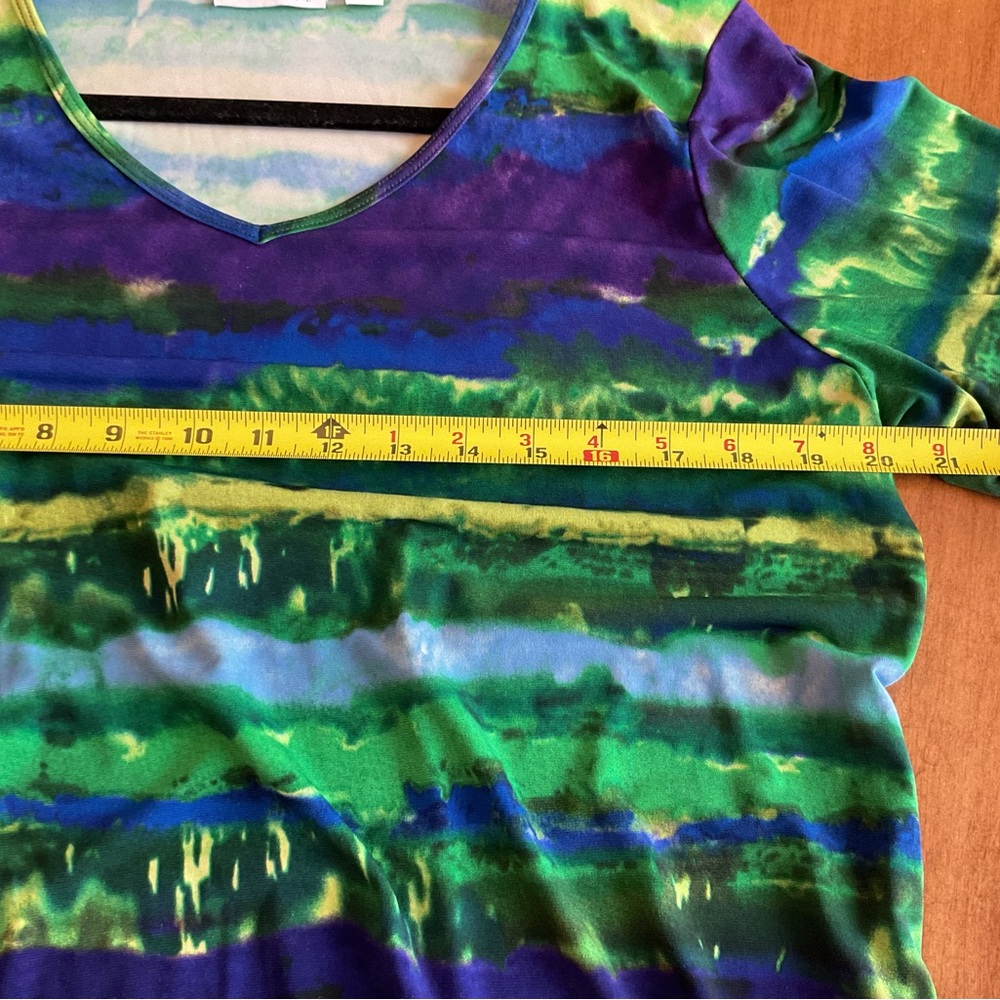 Susan Graver  Striped V-Neck Top in Green, Blue & Purple XL - Picture 5 of 6